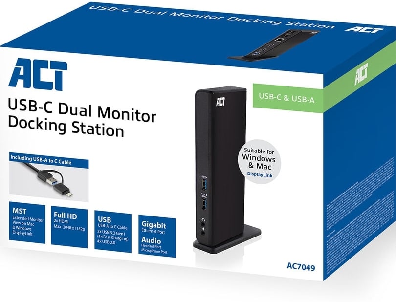 ACT Docking Station Laptop met USB-C en USB-A | 2x HDMI Dual Monitor| 2x USB-A 3.0| 4x USB-A HighSpeed | Gigabit Ethernet | 2x 3.5mm Jack | Windows Laptops | Apple Macbooks - AC704