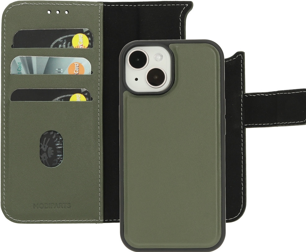 Mobiparts Leder 2-in-1 Wallet Case hoesje - Magneetsluiting - Contactloos betalen - voor Apple iPhone 15 - Groen
