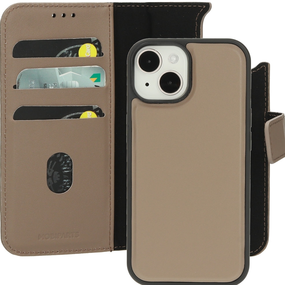 Mobiparts Leder 2-in-1 Wallet Case hoesje - Magneetsluiting - Contactloos betalen - voor Apple iPhone 15 - Taupe