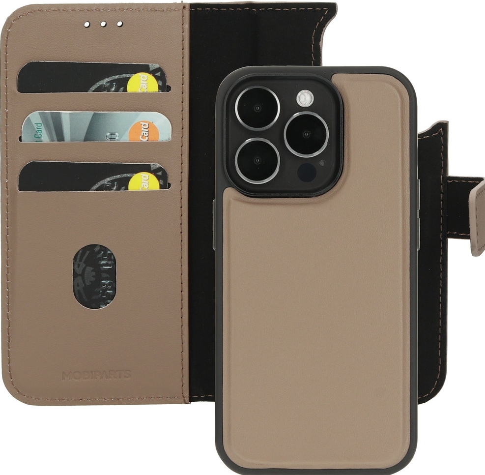 Mobiparts Leder 2-in-1 Wallet Case hoesje - Magneetsluiting - Contactloos betalen - voor Apple iPhone 15 Pro - Taupe