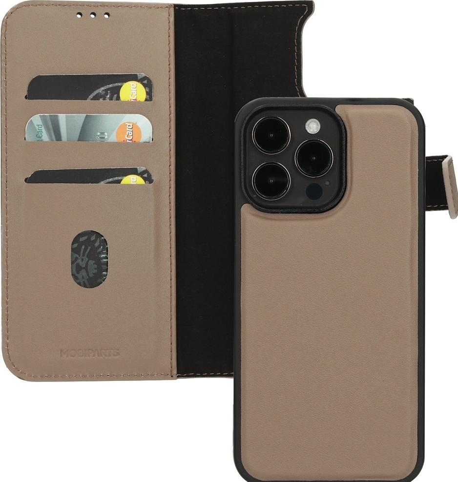 Mobiparts Leder 2-in-1 Wallet Case hoesje - Magneetsluiting - Contactloos betalen - voor Apple iPhone 15 Pro Max - Taupe