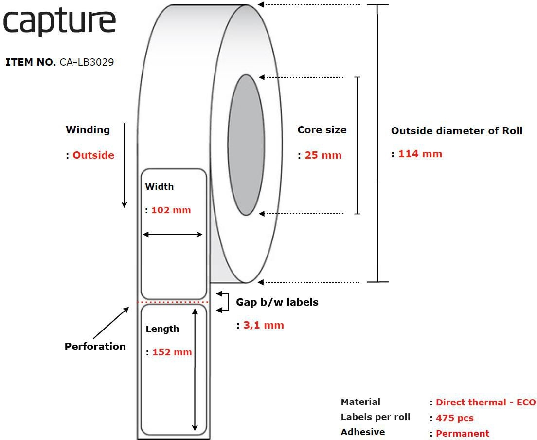 Label 102 x 152, Core 25, Diameter 114 mm. Thermal