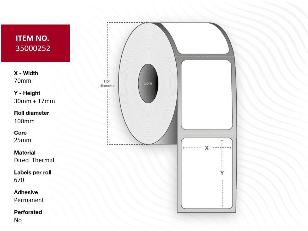 70x47 mm. Thermal Permanent 25 mm core. 670 lab./roll