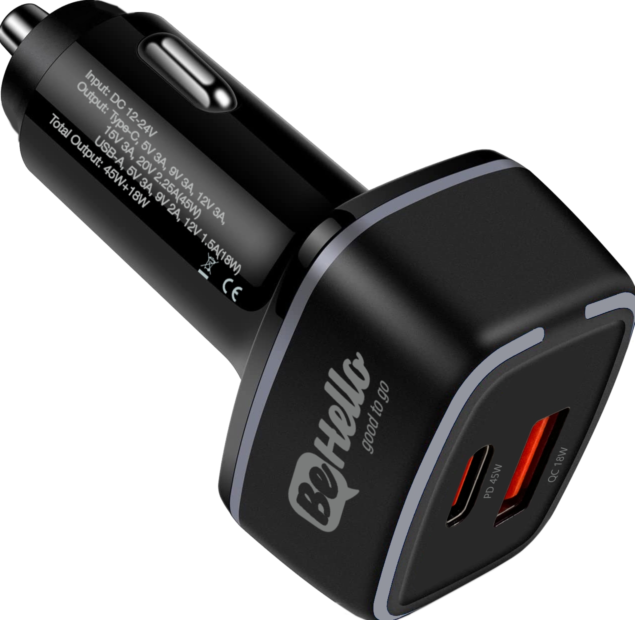 BeHello Autolader - Auto Oplader - DUAL USB-C, 45W - USB-A QC 3.0, 18W - Zwart