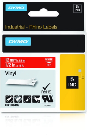 Labeltape Dymo Rhino 18054 vinyl 12mmx5.5m rood op wit